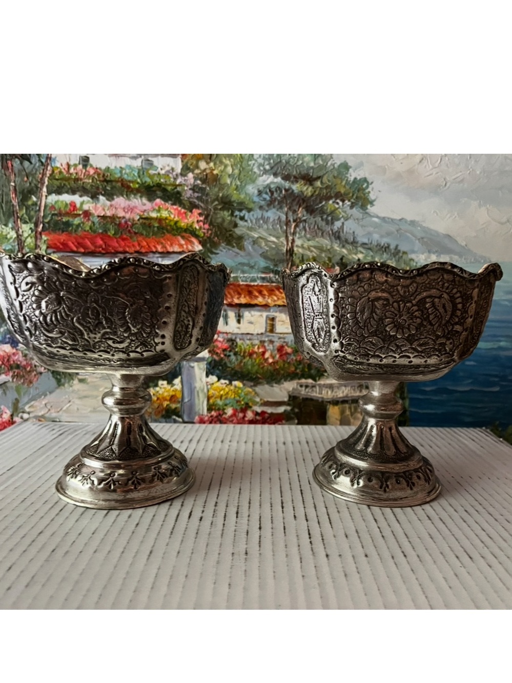 Vintage Persian Engraved Silver Toned Set of 2